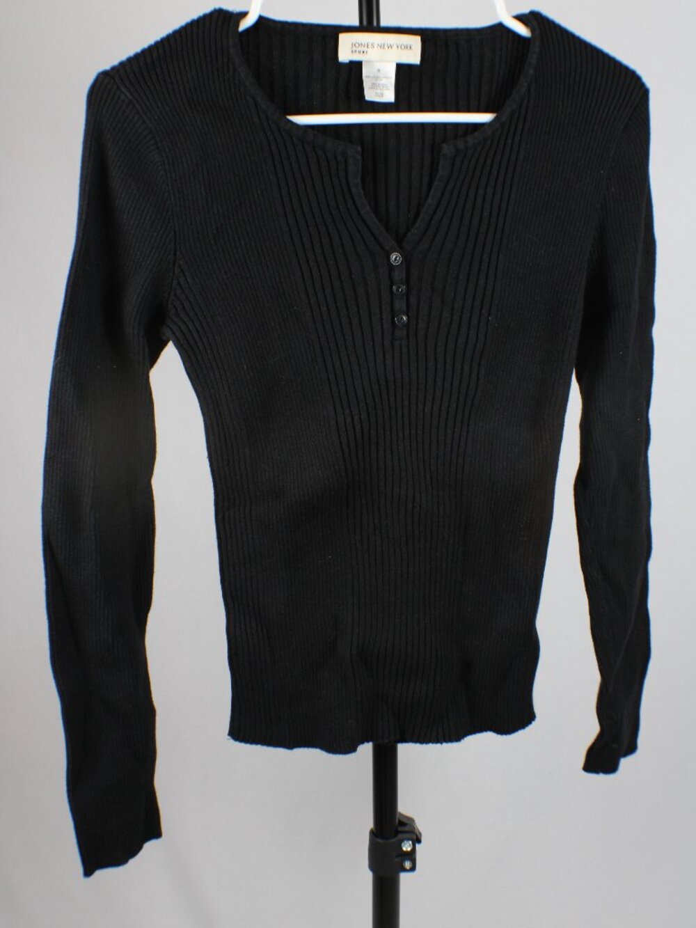 Jones New York Sport Black Ribbed Henley Sweater Small S 100% Cotton Long Sleeve